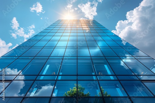 This image captures the sunlight reflecting off the blue glass facade of a modern skyscraper with an upward perspective
