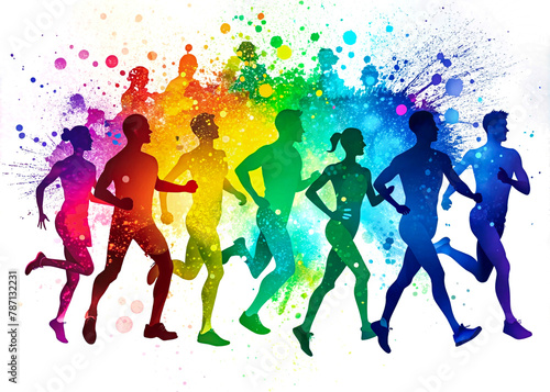 Illustration of silhouettes of runners with colorful paint splashes  transparent background  png  Generative ai