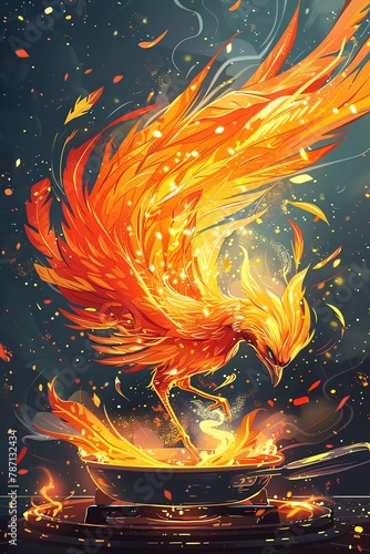 Illustrate a celestial phoenix elegantly cooking on a stovetop in a pixel art style, showcasing the fiery passion of myth and cuisine intertwined