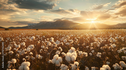 Cotton field with a mountain backdrop, golden hour, panoramic view, sci-fi tone