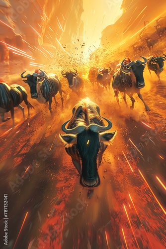 Illustrate the thrilling chaos of a stampede of wildebeests from a high-angle perspective, emphasizing the movement and energy with vibrant colors and dynamic lines