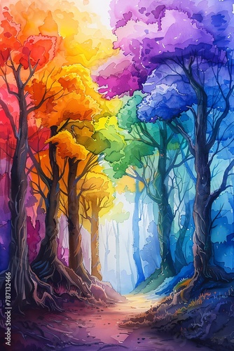 Paint a dreamy scene of a forest with twisted, rainbow-colored trees against a lavender sky using watercolor techniques