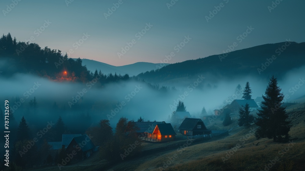 Fog, houses, and mountains illuminated by the first rays of the sun in a mountainous landscape. - obrazy, fototapety, plakaty 
