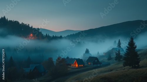 Fog, houses, and mountains illuminated by the first rays of the sun in a mountainous landscape. photo