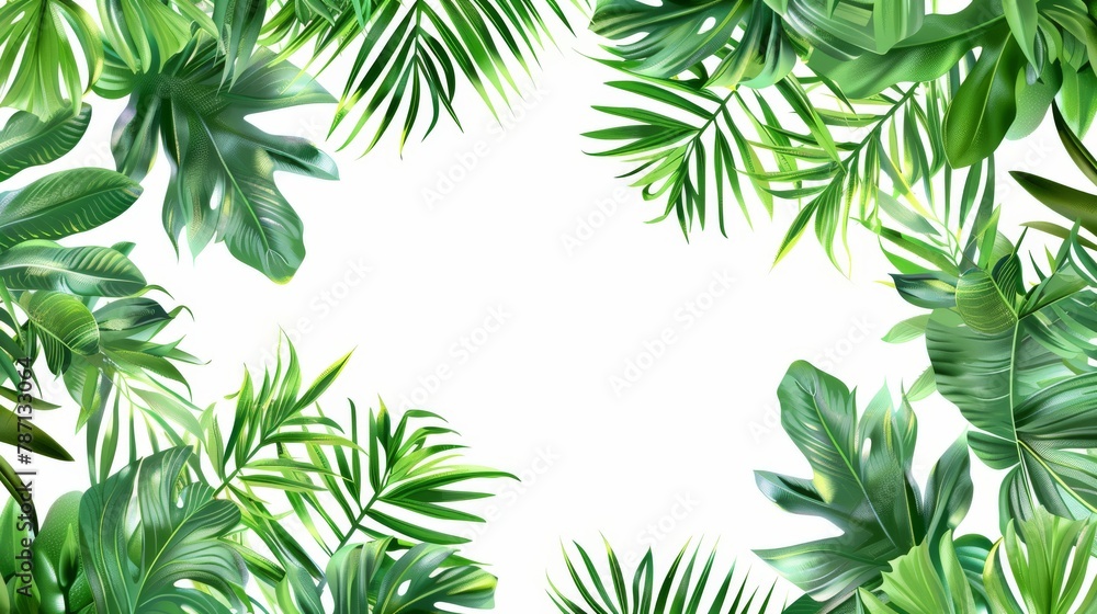 The modern frame of tropical leaves represents a trending summer tropical concept designed in the style of a wild jungle. This background can be used for designing invitations, greeting cards, etc.