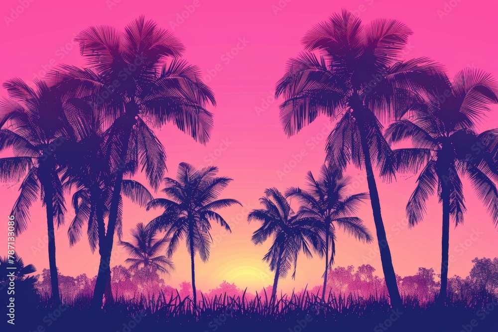 Obraz premium palms on the pink sky background on the sunset