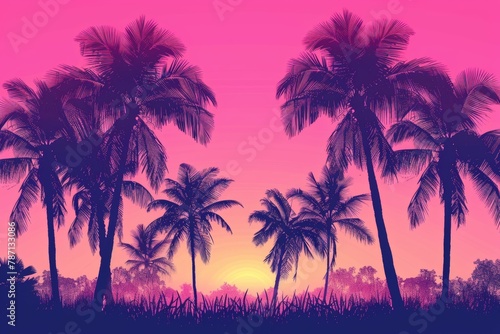 palms on the pink sky background on the sunset