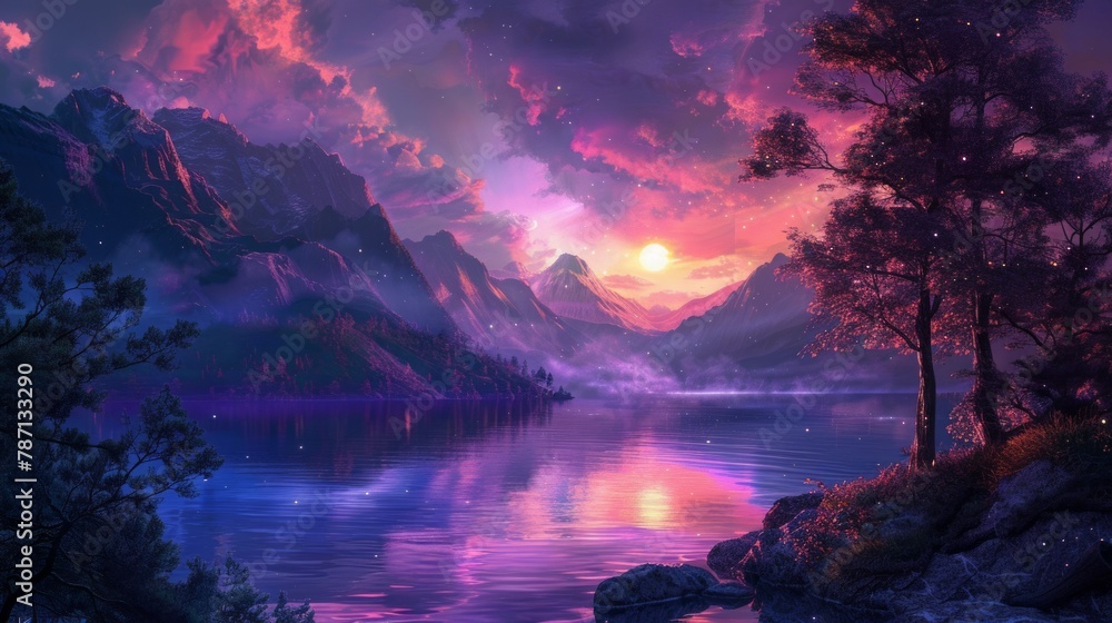 Naklejka premium Beautiful fantasy colorful night landscape as wallpaper background