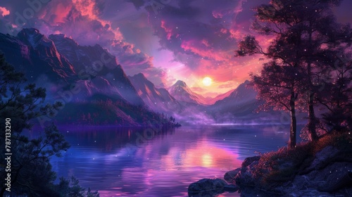 Beautiful fantasy colorful night landscape as wallpaper background photo