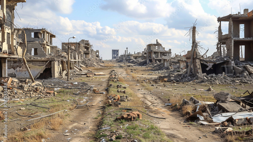 Landscape of destroyed and burned city by war. Post apocalyptic terror attacked village by bomb.