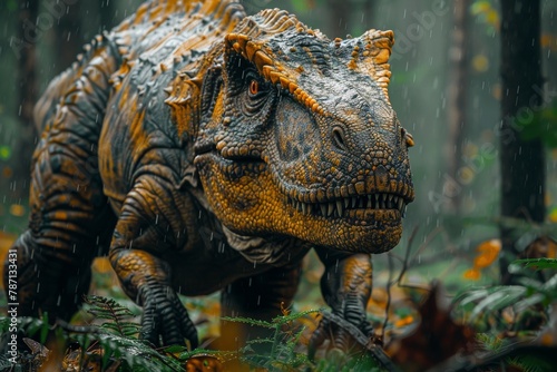Intense snapshot of a dinosaur prowling with focus, conveying power and dominance through a rainy rainforest © Larisa AI