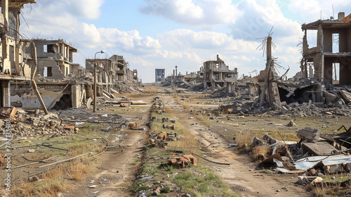 Landscape of destroyed and burned city by war. Post apocalyptic terror attacked village by bomb.