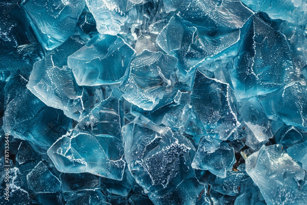 Stunning close-up of blue ice crystals, showcasing nature's geometric patterns with sharp details and translucency Stunning close-up of blue ice crystals, showcasing nature's geometric patterns with sharp details and translucency