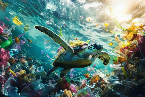 A vibrant underwater view showcasing a turtle entangled in plastic waste emphasizing World Oceans Day photo