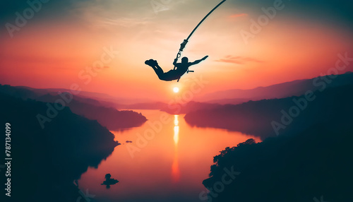 Bungee Jumper Silhouetted Against Sunset