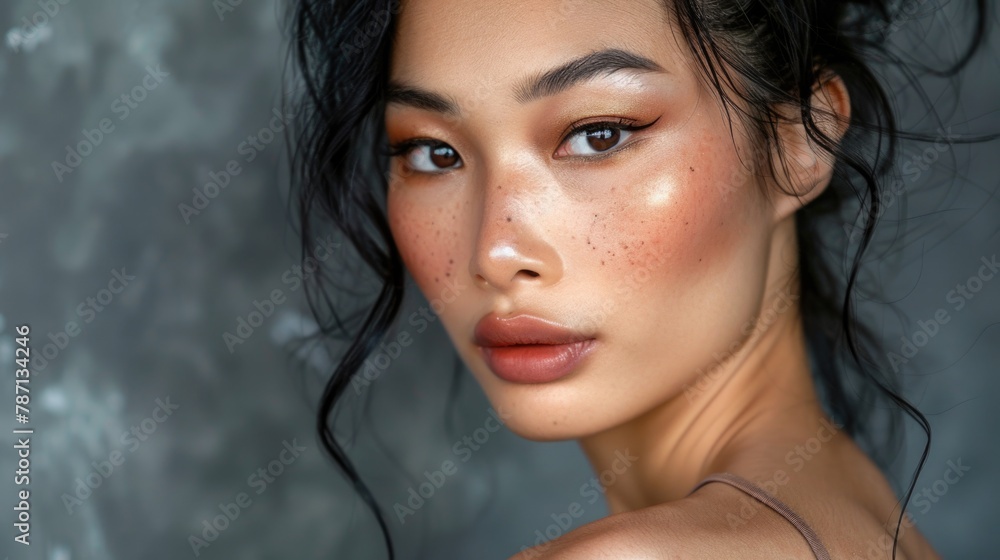 Elegant Asian Woman with Glamorous Makeup and Freckles