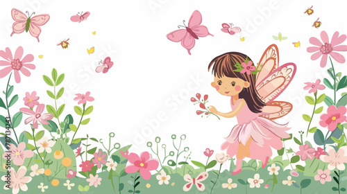 Beautiful cartoon fairy and a pink flower