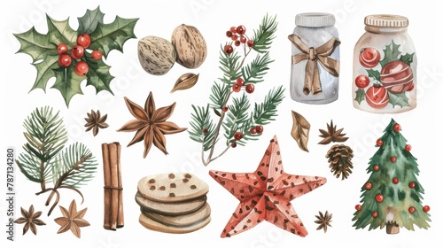 Watercolor Merry Christmas set of traditional decor and elements. A set of spices, decoration, cookies, gifts and plants.