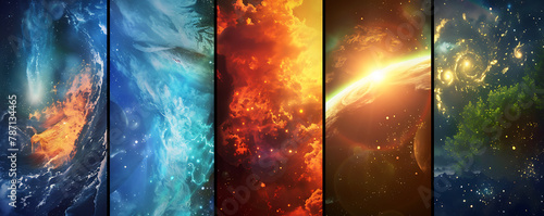 Abstract five Fundamental Elements of Nature with fire, water , Earth, Space, and Creation illustration background. generative ai. photo