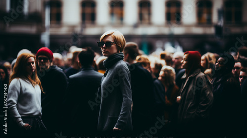 Stylish Blonde Woman in Sunglasses Against Blurred City Crowd