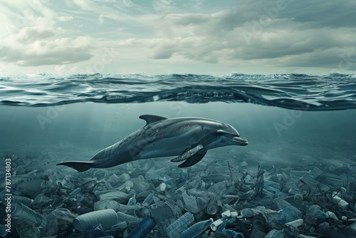 A distressed dolphin surrounded by floating plastic trash against a bleak blue-gray ocean backdrop highlighting the urgency of World Oceans Day photo
