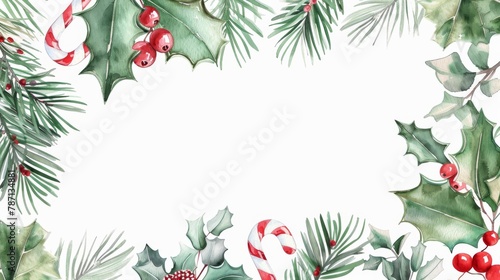 The watercolor Christmas frame square shape features fir branches, holly, red and white berries and candy canes on a white background.