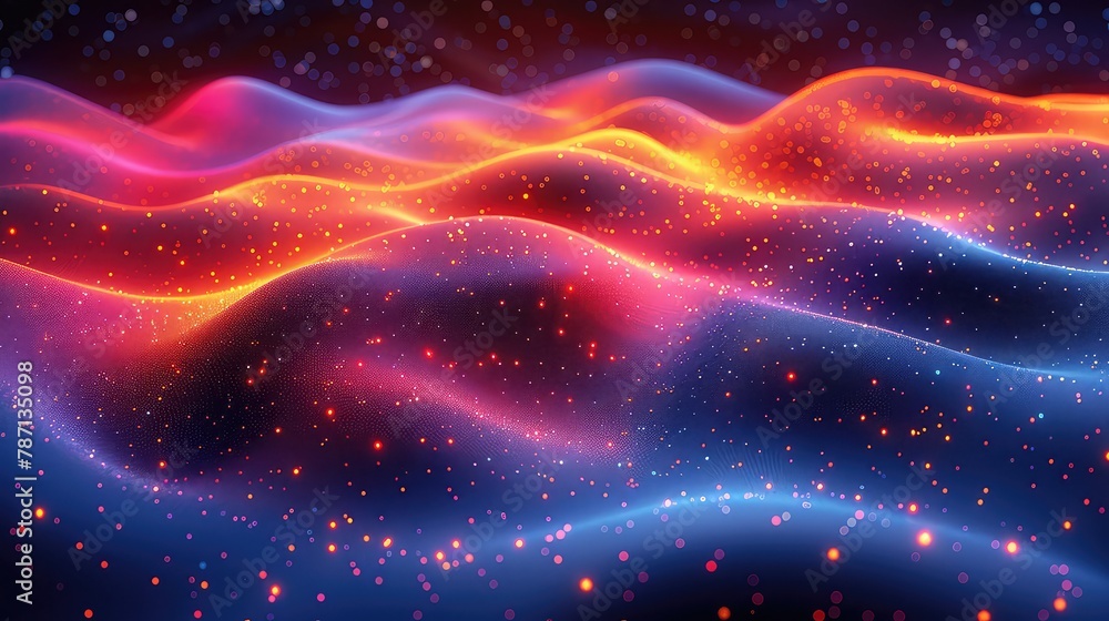 3D abstract background with glowing particles and waves