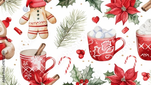 This watercolor seamless pattern features fir branches, ginger man, heart of felt, mittens, poinsettias, horse-rocking, red mugs with cinnamon and marshmallows as well as traditional and modern photo