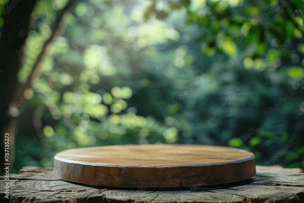 With a blurred background showcasing a scenic nature view, an empty wooden podium stands prepared for display or product presentation With a blurred background showcasing a scenic nature view, an empty wooden podium stands prepared for display or product presentation