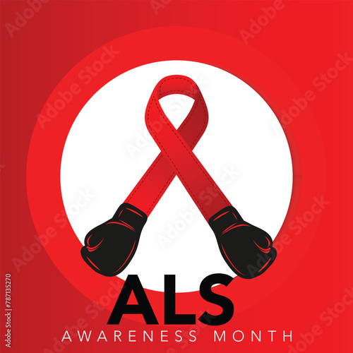 Als awareness month. Vector banner for social media, card, poster. Illustration with text ALS awareness month, amyotrophic lateral sclerosis. Red striped ribbon on a white and red background