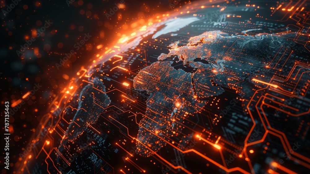 A computer generated image of a globe with a bright orange glow surrounding it A computer generated image of a globe with a bright orange glow surrounding it