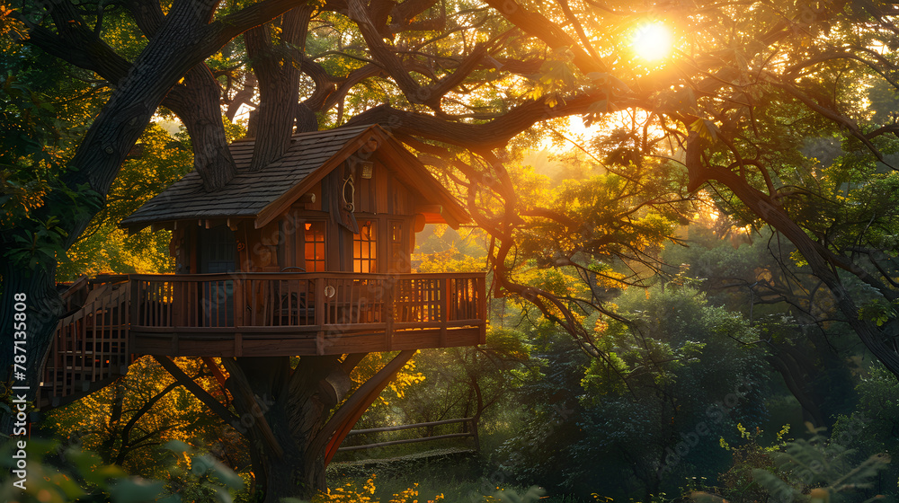A treehouse, with dappled sunlight filtering through the leaves as the background, during a serene morning
