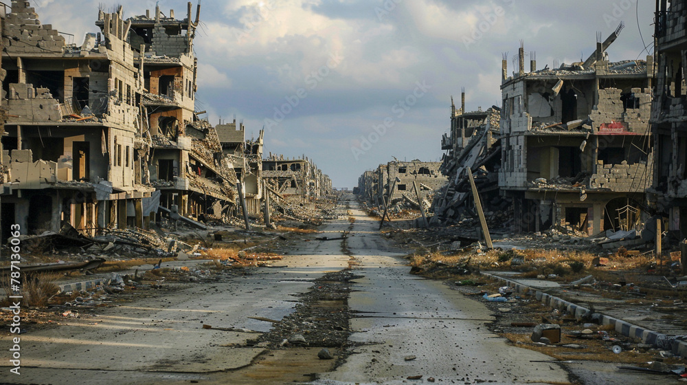 Landscape of destroyed and burned city by war. Post apocalyptic terror attacked village by bomb.