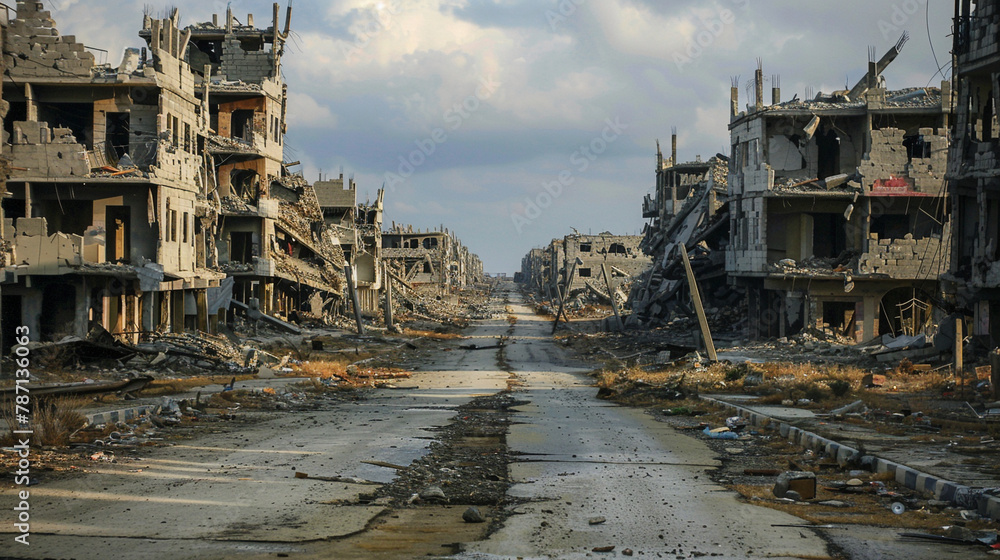 Landscape of destroyed and burned city by war. Post apocalyptic terror attacked village by bomb. Landscape of destroyed and burned city by war. Post apocalyptic terror attacked village by bomb.