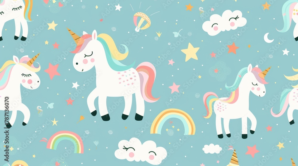 Stylish seamless pattern. Modern unicorns, rainbows, stars, clouds, clouds and words for luck.