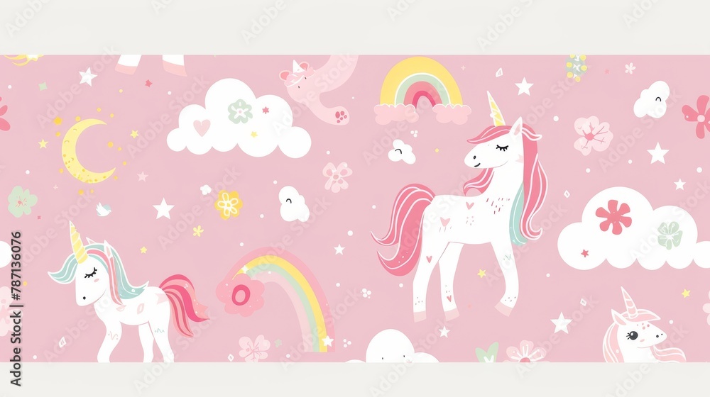 In this seamless pattern, unicorns, rainbows, clouds, stars, and clover for good luck stand out against a pink color background. In this seamless pattern, unicorns, rainbows, clouds, stars, and clover for good luck stand out against a pink color background.