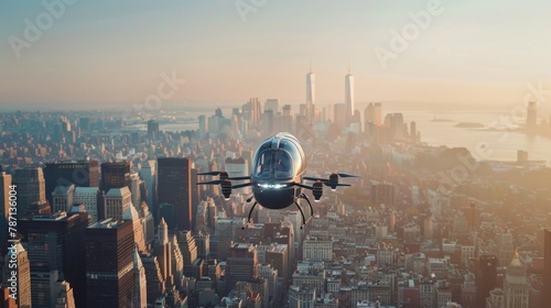 Autonomous drone flying over New York City skyline during sunrise. photo