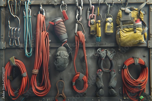 Climbing equipment is hanging on the wall photo