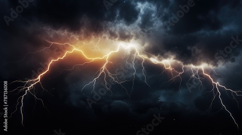 Multiple lightning strikes in dark stormy sky. Digital art depiction of thunderstorm. photo