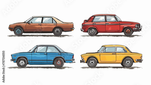 Four vehicles. Different types of cars sedan SUV pick