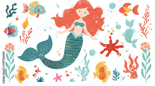 Beautiful Princess Mermaid and fish. Siren. Sea theme