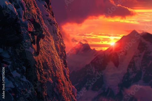 A climber at sunset in the mountains, AI Generated © MuziStock