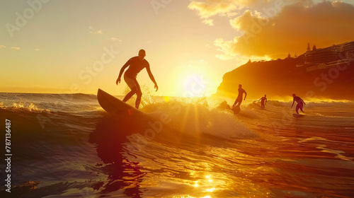 Multiracial surfers catching waves during a vibrant sunrise, encapsulating the dynamic energy and cultural diversity of a bustling beach environment. © Faisal