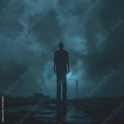Capture the eerie essence of a towering figure silhouetted against a dimly lit sky  blending horror thrills with the art of public speaking in a night photography scene  invoking a sense of dread and
