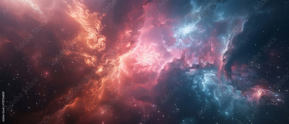 A galactic nebula scene bursting with ethereal pink and blue hues, resembling a celestial painting, invoking the awe-inspiring beauty of the cosmos and the vast, unexplored mysteries of outer space,