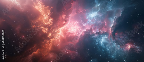 A galactic nebula scene bursting with ethereal pink and blue hues, resembling a celestial painting, invoking the awe-inspiring beauty of the cosmos and the vast, unexplored mysteries of outer space, © DJSPIDA FOTO