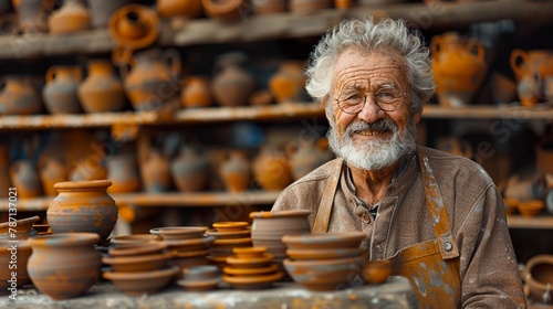 Satisfied mature man demonstrates pottery made by her own hands