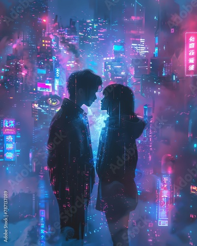 Illustrate a unique perspective of futuristic love stories with unexpected camera angles Utilize digital rendering techniques such as glitch art to create a low-angle view filled with technological ro photo