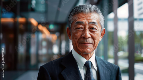 Portrait of elderly mature old Asian businessman in suits on blurred office background. Concept of business, finance, professional, profession, occupation, employee boss employer. Copy space for text 