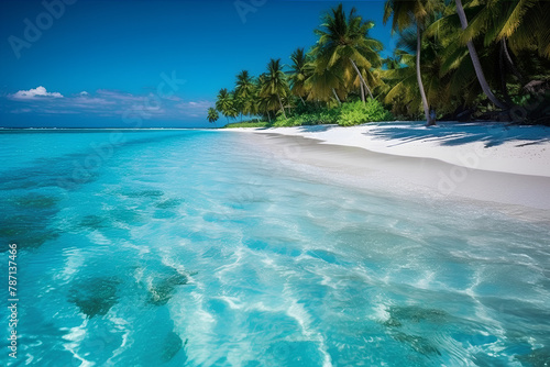 Blue transparent water, tropical view, palms, white sand.